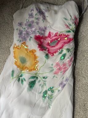 Vintage Y2K Cache Beaded Watercolor Floral Prom high low Formal Silk Dress Gown